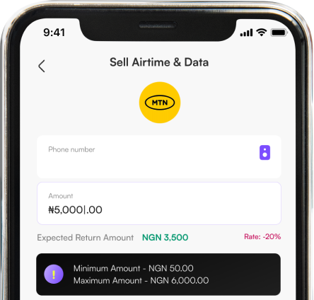 Billspot app screenshot showing airtime to cash conversion feature